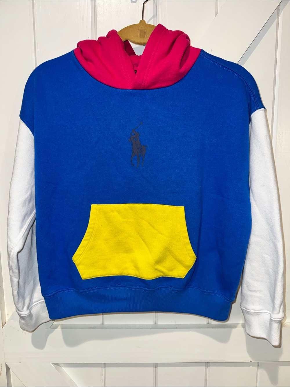 Polo Ralph Lauren Colorblock Hoodie Youth Large 12-14 Blue Pink Yellow Pullover